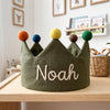 Hand-Embroidered Linen Birthday Crown, Personalized Name Hat, Baby Shower Keepsake