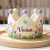 Personalized Floral Linen Birthday Crown, Hand Embroidered Bee or Butterfly, 1st Birthday Hat