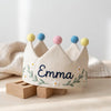 Neutral Boho Floral Birthday Crown, Custom Name Daisy and Peach Floral Linen Hat