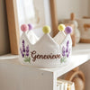 Custom Embroidered Floral Linen Crown: First Birthday Keepsake, Lavender & Daisy Party Hat