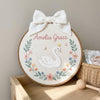 Custom Crowned Swan Embroidery Hoop Art: Princess Nursery Decor, Floral Wreath Keepsake