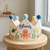 Custom Linen Keepsake with Sea Creatures: Whale Octopus Turtle Party Hat, First Birthday Keepsake