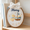 Embroidered Ducking Sailboat Hoop, Baby Boy Room Art, Newborn Keepsake, Hand-Embroidered Wall Decor Sign