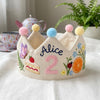 Hand-Embroidered Linen Birthday Crown, Caterpillar Tea Party, Custom Name (1-3 Years)