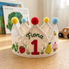 Hand-Embroidered Linen Birthday Crown, Caterpillar Tea Party, Custom Name (1-3 Years)
