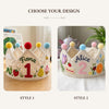 Hand-Embroidered Linen Birthday Crown, Caterpillar Tea Party, Custom Name (1-3 Years)