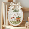 Custom Bunny & Carrot Embroidery Hoop, Hedgehog Watering Flowers Art, Garden Theme Name Plaque