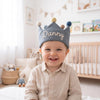 Hand-Embroidered Linen Baby Birthday Crown, Personalized Name Keepsake Hat