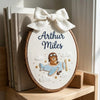 Adorable Sky Theme Baby Name Hoop, Hand Embroidered Pilot Bear Decor, Sweet Hot Air Balloon Bear Name Sign