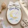 Personalized Celestial Goose Name Hoop: Custom Embroidered Baby Name Sign, Moon and Stars Nursery Wall Decor