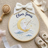 Personalized Celestial Goose Name Hoop: Custom Embroidered Baby Name Sign, Moon and Stars Nursery Wall Decor