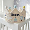 Personalized Sweet Celebration Birthday Crown: Hot Air Balloon & Cake Linen Hat, Custom Baby Keepsake
