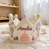 Personalized Sweet Celebration Birthday Crown: Hot Air Balloon & Cake Linen Hat, Custom Baby Keepsake