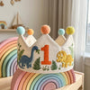 Custom Embroidered Number Birthday Crown: T-Rex & Triceratops Party Hat, Jurassic Theme First Birthday Keepsake