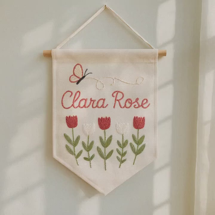 Translation missing: en.Handmade Linen Baby Name Banner: Universe Embroidery, Nursery Wall Decor
