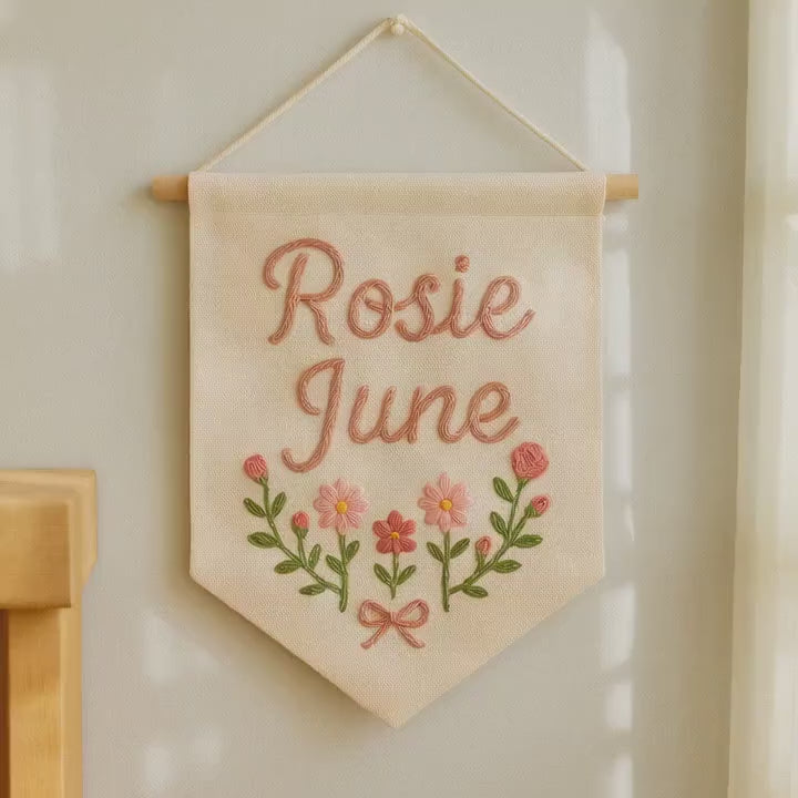 Translation missing: en.Handcrafted Linen Baby Name Pennant: Embroidered Floral Nursery Decor